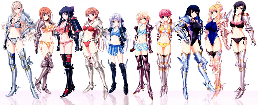 absurdres alice_weinberg armor bertille_althusser bikini bikini_shorts black_bikini black_legwear blonde_hair blue_eyes blue_hair blue_legwear blue_sarong boots bow braid breasts brown_hair celia_kumani_entory character_request cleavage competition_swimsuit covered_navel curly_hair double_bun drill_hair fiona_beckford flat_chest french_braid front-tie_top full_body gauntlets greaves green_eyes grin hair_bow hair_bun hairband halterneck hand_on_hip highres hiiragi_ayako incredibly_absurdres kisaki_mio komori_kei lace lace-trimmed_thighhighs lisa_eostre long_hair multiple_girls navel noel_maresse_ascot one-piece_swimsuit orange_hair pauldrons pink_bikini pink_hair plaid plaid_bikini polka_dot polka_dot_bikini polka_dot_swimsuit print_bikini print_sarong purple_eyes red_bikini red_eyes red_legwear reflective_floor reina_f_avery ryuuzouji_akane sarong short_hair shorts side-tie_bikini silver_hair smile standing swimsuit thigh_boots thighhighs twintails very_long_hair walkure_romanze white_legwear