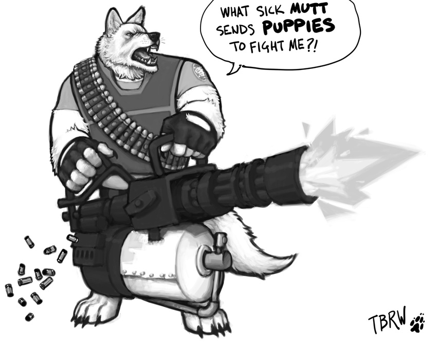 black_nose canine claws dialog english_text fangs fingerless_gloves gloves heavy_(team_fortress_2) male mammal minigun monochrome open_mouth plain_background solo standing team_fortress_2 text the-big-rad-wolf white_background wolf yelling
