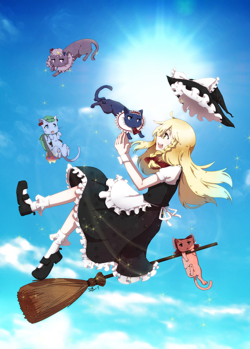 :d absurdres alice_margatroid animalization apron backpack bag black_dress blonde_hair blue_eyes blue_sky bow braid broom broom_riding capelet cat cloud crescent crescent_hair_ornament day dress fang flying hair_bobbles hair_bow hair_ornament hairband hakurei_reimu hat hat_removed hat_ribbon headwear_removed highres kawashiro_nitori kirisame_marisa long_hair lykwww open_mouth outdoors patchouli_knowledge profile puffy_sleeves purple_eyes red_eyes ribbon shirt shoes short_sleeves single_braid skirt skirt_set sky smile socks solo sun touhou vest waist_apron white_legwear witch_hat yellow_eyes