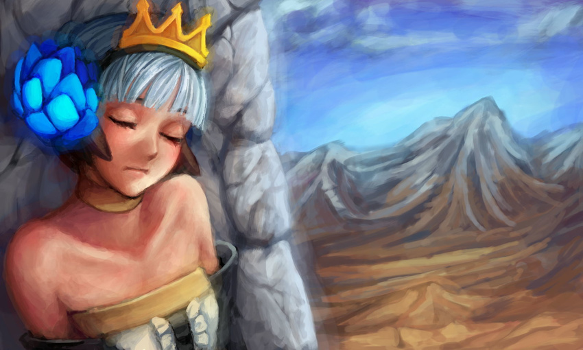 bare_shoulders closed_eyes crown gwendolyn hair_ornament highres monorus odin_sphere short_hair silver_hair sleeping sleeping_upright solo