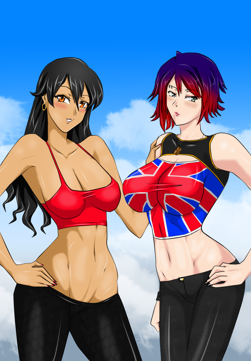 2girls black_hair breasts dark_skin green_eyes large_breasts multicolored_hair multiple_girls orange_eyes original supernova_(artist)