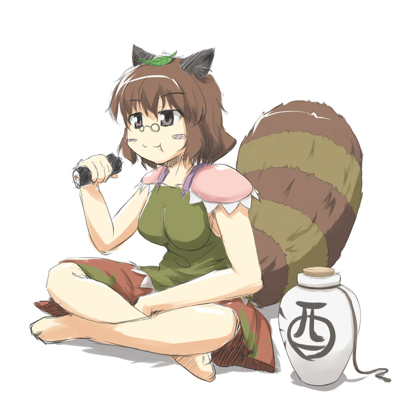 :t alcohol animal_ears barefoot brown_eyes brown_hair eating futatsuiwa_mamizou highres indian_style kusanagi_matabi leaf leaf_on_head raccoon_ears raccoon_tail sake sitting solo tail touhou