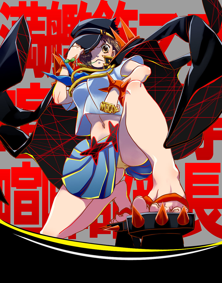 alternate_costume banchou blue_skirt brown_eyes brown_hair clover frown gakuran geta hair_over_one_eye hat highres kill_la_kill mankanshoku_mako mochimochimochi navel panties pantyshot school_uniform serafuku short_hair skirt spikes spoilers underwear