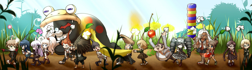 6+girls asahina_aoi banana bulborb celestia_ludenberck cherry cosplay danganronpa danganronpa_1 enoshima_junko everyone flower flower_on_head food fruit fujisaki_chihiro fukawa_touko hagakure_yasuhiro highres ishimaru_kiyotaka kirigiri_kyouko kuwata_reon maizono_sayaka monokuma multiple_boys multiple_girls muscle muscular_female naegi_makoto olimar olimar_(cosplay) oogami_sakura oowada_mondo pikmin_(creature) pikmin_(series) shan_grila sleeves_rolled_up spotty_bulbear throwing togami_byakuya tripped yamada_hifumi