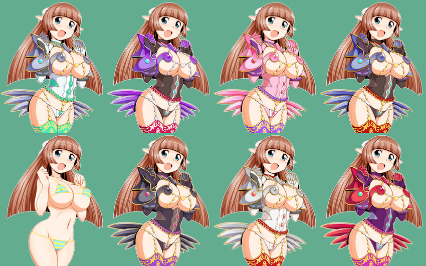 1girl armor bikini bikini_armor blue_eyes breasts brown_hair cameltoe comparison corset covered_nipples curvy erect_nipples female hair_ornament hair_ribbon highres hime_cut huge_breasts legwear long_hair micro_bikini multiple_persona open_mouth original pointy_ears ribbon simple_background solo soubee1 standing striped striped_bikini striped_swimsuit swimsuit thighhighs