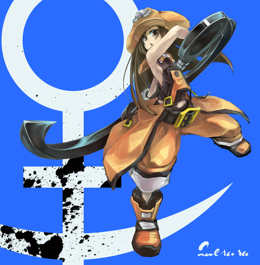 anchor anchor_symbol artist_name bad_id bad_pixiv_id belt belt_buckle boots brown_eyes brown_hair buckle flat_chest guilty_gear hat highres long_hair may_(guilty_gear) orange_hat orange_shirt pants pants_rolled_up pirate_hat queruru shirt skull_and_crossbones solo weapon