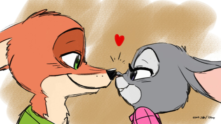 &lt;3 2018 canid canine disney duo female fox joaoppereiraus judy_hopps lagomorph male male/female mammal nick_wilde nuzzling rabbit romantic_couple touching_noses zootopia