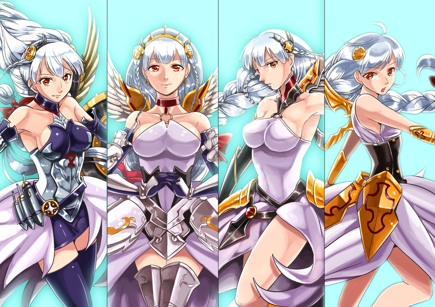 absurdres bare_shoulders braid earrings elbow_gloves gino0808 gloves hair_ornament highres jewelry light_valkyrie_(p&amp;d) long_hair multiple_views open_mouth puzzle_&amp;_dragons red_eyes silver_hair single_braid smile sword thighhighs tri_braids valkyrie_(p&amp;d) weapon wings