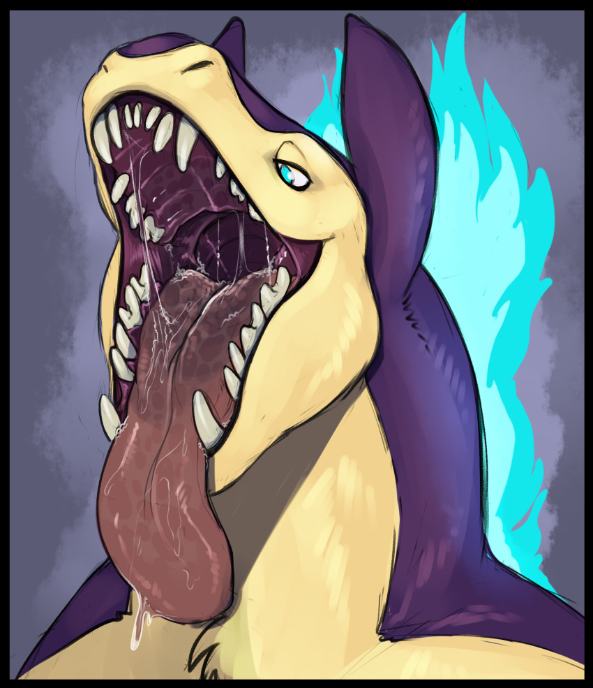 2019 absurd_res ambiguous_gender anthro big_tongue blue_eyes blue_fire digital_media_(artwork) drooling excessive_saliva finalroar fire fur gaping_mouth half-closed_eyes hi_res long_tongue mouth_shot multicolored_fur nintendo open_mouth pink_tongue pok&eacute;mon pok&eacute;mon_(species) purple_fur saliva saliva_string sharp_teeth simple_background solo tan_fur teeth throat tongue tongue_out two_tone_fur tycho_(fisk) typhlosion video_games wide_tongue
