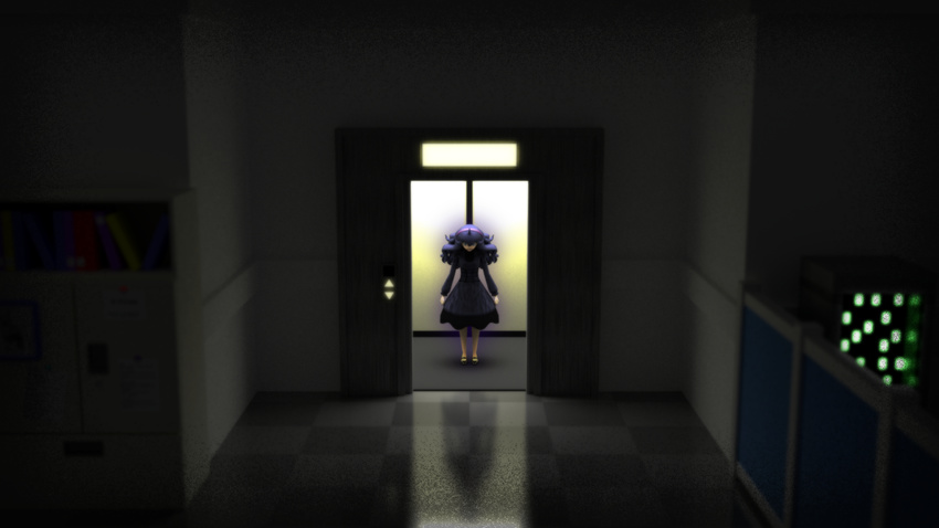 1girl ahoge artist_request creepy dress elevator female hairband hex_maniac_(pokemon) highres legs long_hair nintendo npc npc_trainer open_mouth pale_skin picano pokemon pokemon_(game) pokemon_xy purple_eyes purple_hair shiny shoes skirt solo sweater