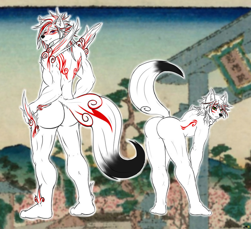 &#332;kami ?kami big_butt black_fur bodypaint butt canine cosplay duo fox fox_mccloud fur green_eyes hair looking_back male mammal markings muscles nintendo nude presenting purple_eyes rath-raholand star_fox video_games white_fur wolf wolf_o'donnell wolf_o'donnell