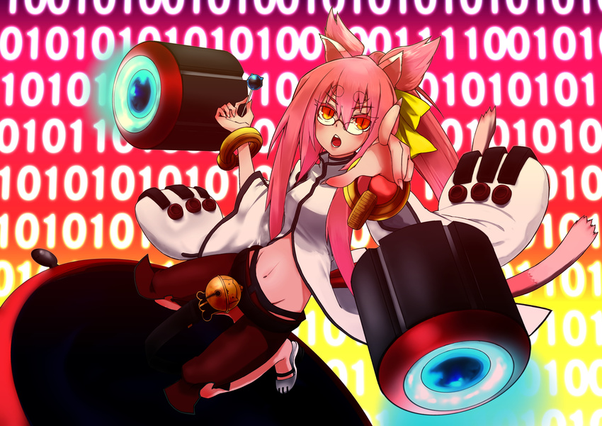 absurdres animal_ears bell binary black_panties blazblue blazblue:_chronophantasma breasts candy capri_pants cat_ears cat_tail food glasses hair_ribbon highres itsuki_(makoitu) kokonoe lollipop long_hair lowleg lowleg_pants magnet multiple_tails navel open_fly open_mouth panties pants pince-nez pink_hair pointing pointing_forward ponytail red_pants ribbon sidelocks slippers slit_pupils small_breasts solo tail two_side_up underwear unzipped wide_sleeves
