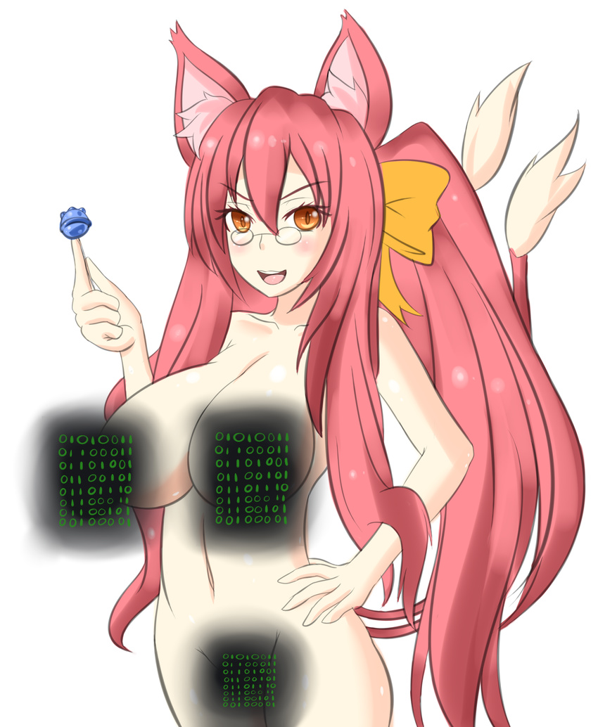 animal_ears binary blazblue blush breasts candy cat_ears cat_tail censored food glasses hair_ribbon hand_on_hip highres holographic_monitor jcdr kokonoe large_breasts lollipop long_hair multiple_tails navel novelty_censor nude orange_eyes pince-nez pink_hair ponytail ribbon sidelocks solo tail