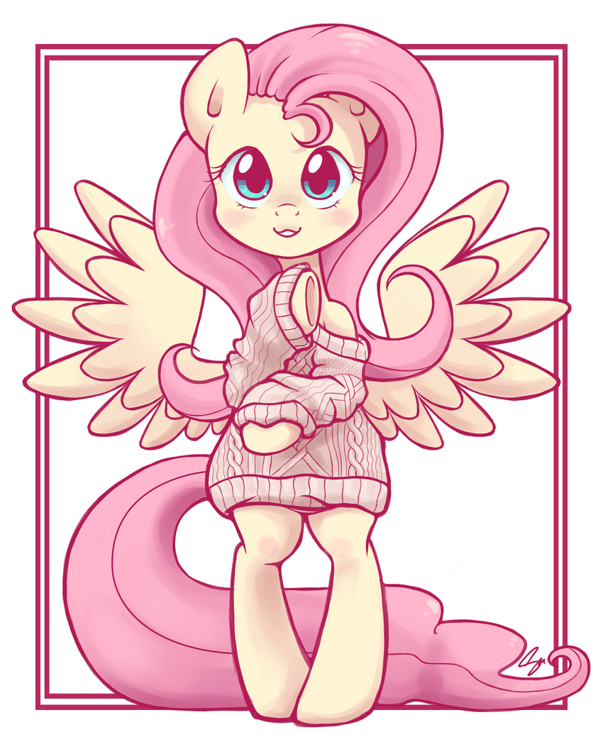 blue_eyes equine female fluttershy_(mlp) friendship_is_magic hair hi_res horse mammal my_little_pony pegasus pink_hair plain_background pony solo standing steffy-beff sweater white_background wings