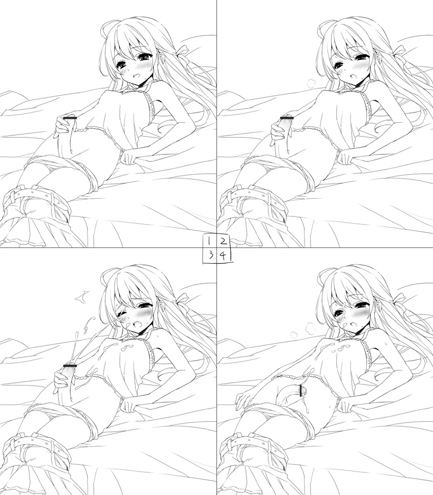 1girl 4koma bed_sheet blush breasts bulge camisole censored clothed_erection comic cum cum_on_body cum_on_clothes cum_on_hair cum_on_self ejaculation facial flaccid foreskin futanari hair_ribbon long_hair lying masturbation mofuringu monochrome on_back panties panty_pull penis ribbon sheet_grab skirt skirt_down sweat underwear wince