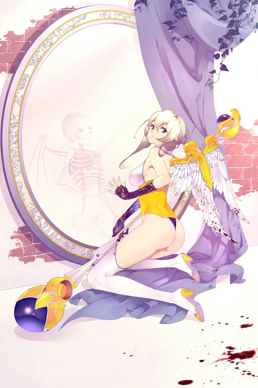 ass bad_id bad_pixiv_id bare_shoulders blonde_hair blood blue_eyes boots brick_wall curtains fingerless_gloves gloves high_heels highres long_hair looking_back mechanical_wings mirror oldschool-girl original plant skeleton solo thigh_boots thighhighs vines wings
