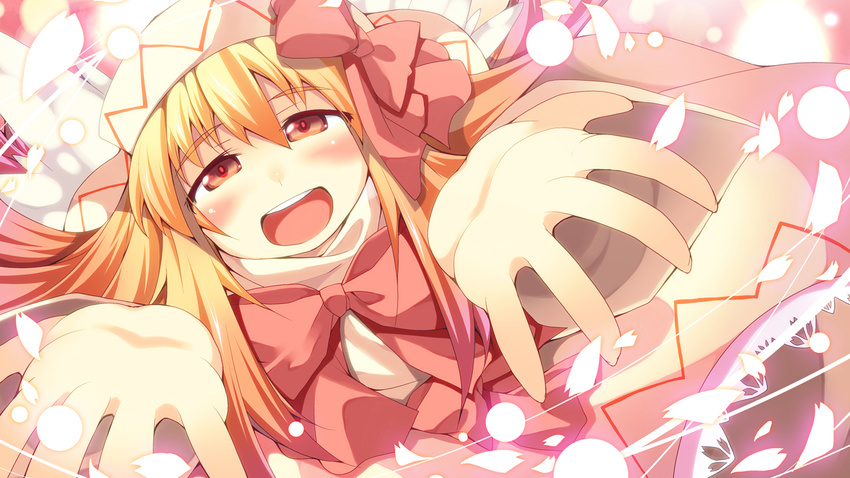 blonde_hair blush bow dress hat lily_white long_hair long_sleeves nyagakiya open_mouth outstretched_arms outstretched_hand red_eyes smile solo touhou wings