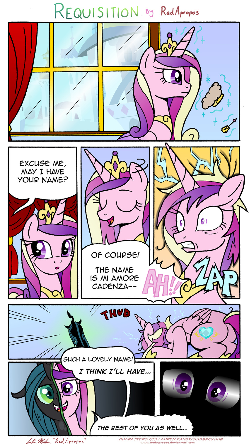 absurd_res brush canterlot comic crown cutie_mark dialog english_text equine fangs female feral friendship_is_magic green_eyes green_hair hair hi_res holes horn horse long_hair makeup makup mammal multi-colored_hair my_little_pony necklace pony princess_cadance_(mlp) princess_cadnce_(mlp) purple_eyes queen_chrysalis_(mlp) redapropos text transformation