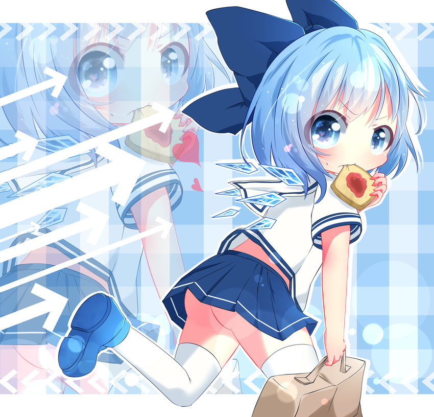 akisha alternate_costume ass bad_id bad_pixiv_id bag blue_eyes blue_hair bow bread cirno eating food hair_bow highres jam looking_at_viewer looking_back midriff running school_bag school_uniform serafuku shirt short_sleeves skirt solo thighhighs toast touhou upskirt white_legwear zettai_ryouiki zoom_layer