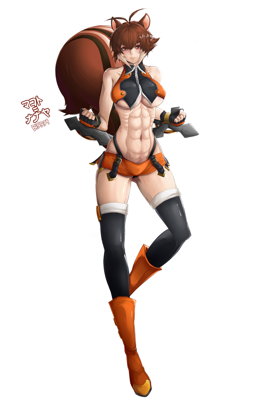 abs ahoge animal_ears bad_id bad_pixiv_id blazblue breasts brown_eyes brown_hair bryan_song highres large_breasts makoto_nanaya multicolored_hair orange_skirt revealing_clothes skirt solo squirrel_ears squirrel_tail tail thighhighs