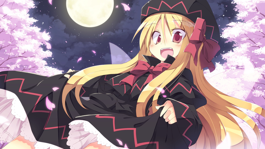 :d blonde_hair bow cherry_blossoms dress full_moon hair_bow hat lily_black lily_white long_hair looking_at_viewer moon night night_sky open_mouth petals petticoat red_eyes satou_kibi sky smile solo touhou