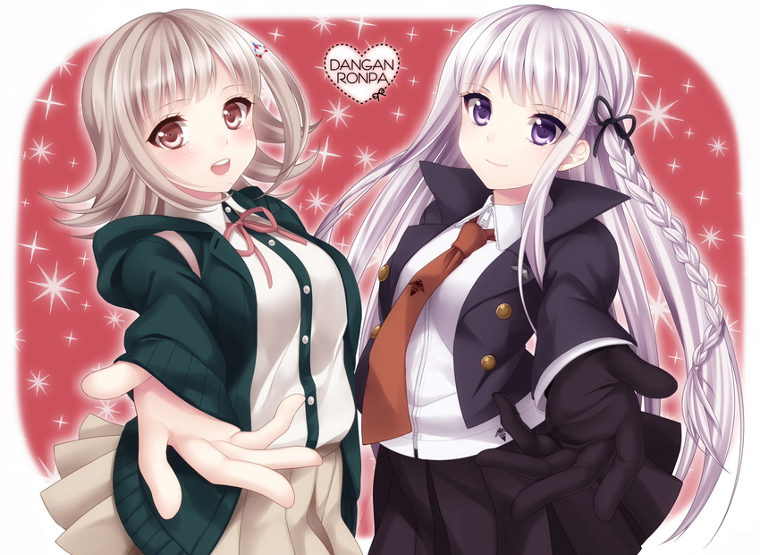 2girls brown_eyes brown_hair dangan-ronpa gloves kirigiri_kyouko long_hair nanami_chiaki nanamiya purple_eyes purple_hair ribbons skirt