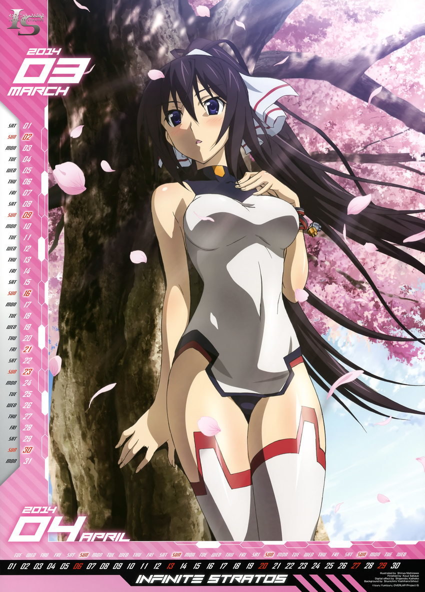 2014 :o absurdres against_tree april bangs bare_shoulders black_hair blue_eyes blush bracelet breasts calendar_(medium) cherry_blossoms cloud copyright_name dated day floating_hair hair_between_eyes hair_ribbon halterneck hand_on_own_chest high_ponytail highres infinite_stratos jewelry leotard light_rays logo long_hair looking_at_viewer march medium_breasts nishizawa_shin'ya official_art open_mouth outdoors petals pilot_suit ponytail ribbon scan shinonono_houki sky split_ponytail standing sunbeam sunlight thighhighs tree turtleneck very_long_hair white_legwear