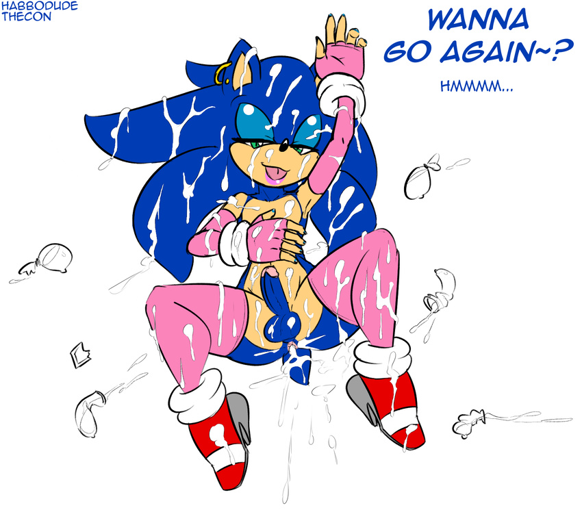 after_sex anthro anus balls bedroom_eyes blue_hair condom cum cum_everywhere cum_in_ass cum_inside ear_piercing english_text erection filled_condom gay girly green_eyes habbodude hair hedgehog looking_at_viewer male mammal messy penis piercing sega smile sonic_(series) sonic_the_hedgehog text thecom thecon tongue tongue_out