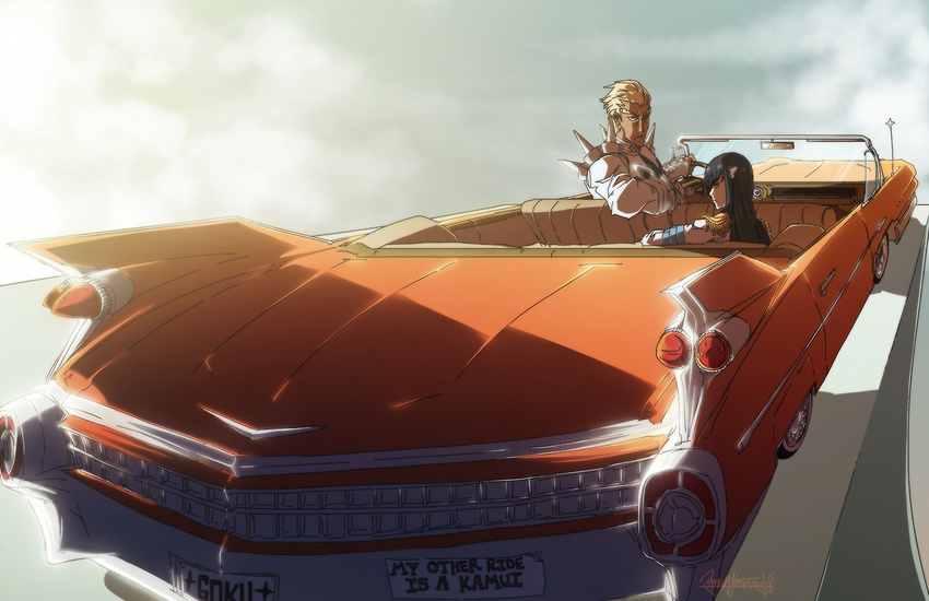 1boy 1girl antennae artist_request black_hair blonde_hair bumper_sticker cadillac car commentary convertible english epaulettes epic foreshortening gamagoori_ira kill_la_kill kiryuuin_satsuki long_hair looking_at_viewer motor_vehicle serious short_hair sitting source_request vehicle zombiedogdoes