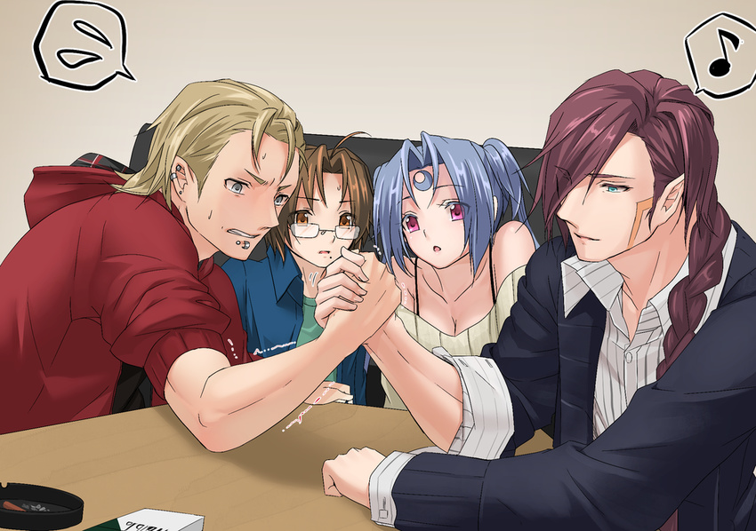 3boys ahoge arm_wrestling blonde_hair blue_eyes blue_hair blush braid brown_hair eighth_note forehead_tattoo glasses long_hair multiple_boys musical_note open_mouth original purple_eyes red_eyes ryuki@maguro-ex short_hair single_braid spoken_musical_note spoken_sweatdrop sweat sweatdrop twintails