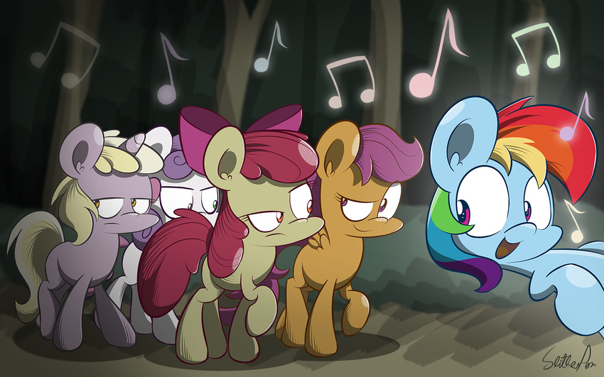 apple_bloom_(mlp) blonde_hair blue_fur bow cub cutie_mark_crusaders_(mlp) dinky_hooves_(mlp) equine female feral forest friendship_is_magic frown fur green_eyes grey_fur group hair horn horse long_hair looking_back mammal multi-colored_hair music my_little_pony open_mouth orange_fur outside pegasus pony purple_eyes purple_hair rainbow_dash_(mlp) rainbow_hair red_hair scootaloo_(mlp) signature singing slitherpon smile sweetie_belle_(mlp) thrackerzod tongue tree two_tone_hair unicorn white_fur wings yellow_eyes young