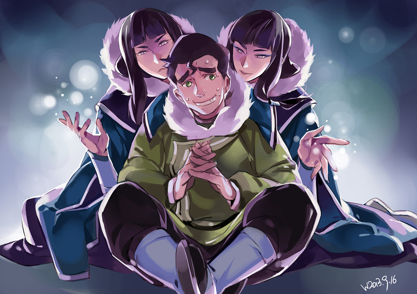 2boys avatar_(series) bangs black_hair blunt_bangs bolin boots brother_and_sister coat dated desna eska_(avatar) eyebrows eyeliner feet_together frown fur_trim green_eyes grin hair_tubes hands head_tilt hime_cut interlocked_fingers knee_boots light_particles long_hair makeup multiple_boys nervous otoko_no_ko pants seductive_smile short_hair siblings sidelocks silver_eyes sitting smile sweat the_legend_of_korra thick_eyebrows twins wirttian