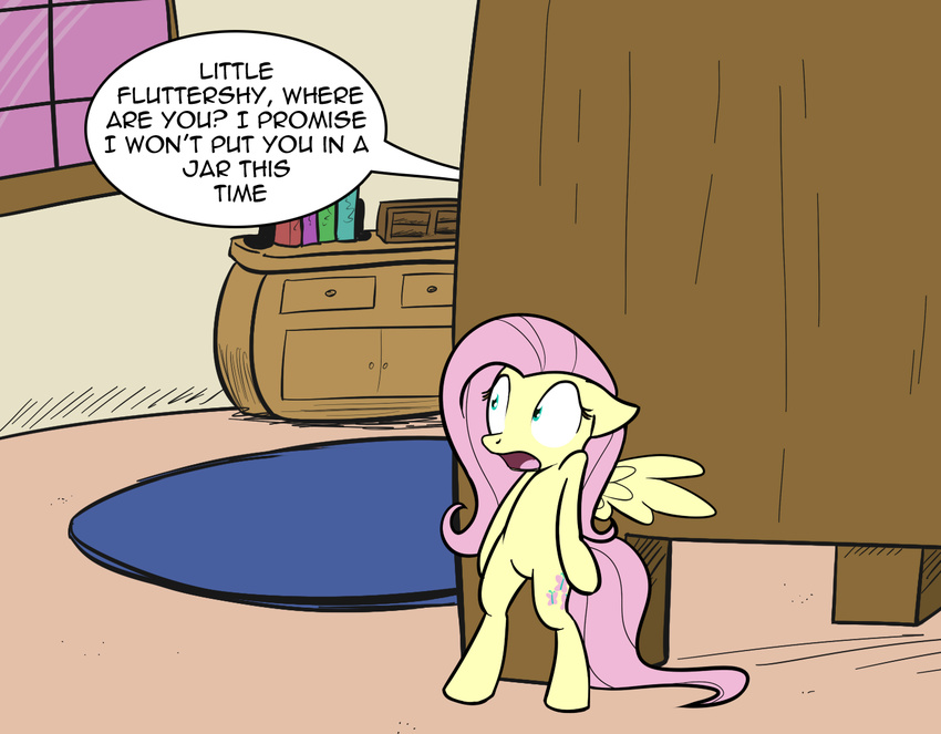 cutie_mark dialog english_text equine female feral fluttershy_(mlp) friendship_is_magic fur hair hiding horse inside long_hair mammal micro my_little_pony pegasus pink_hair pony solo standing text whatsapokemon window wings yellow_fur