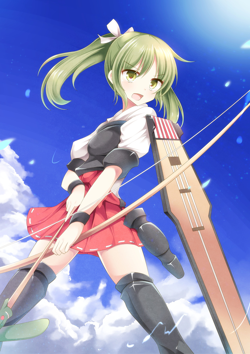 absurdres aibumi arrow bad_id bad_pixiv_id blue_sky bow_(weapon) cloud day fang green_eyes green_hair highres kantai_collection muneate open_mouth puffy_sleeves ribbon-trimmed_clothes ribbon_trim shirt short_sleeves skirt sky solo twintails weapon wrist_cuffs zuikaku_(kantai_collection)