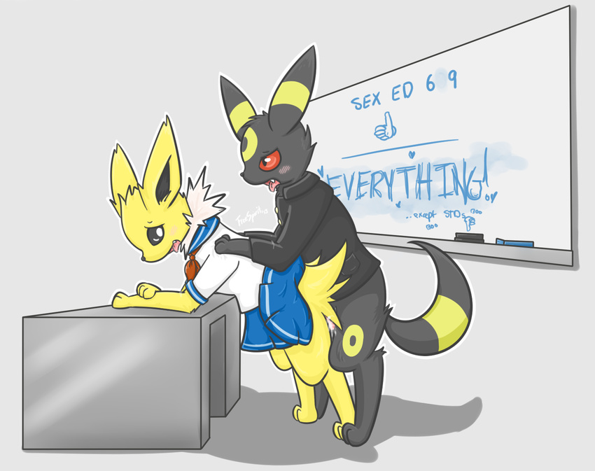 &lt;3 3_toes barefoot black_eyes black_fur black_nose blush canine classroom clothed clothing cum cum_inside cute desk drooling duo eeveelution english_text erection female feral feral_on_feral freebre from_behind fur grey_eyes half-dressed hi_res inside jacket jolteon looking_down looking_up male mammal nintendo number open_mouth penis pink_penis plain_background pok&#233;mon pok&eacute;mon raised_leg red_eyes room saliva school sex sex_education shadow sharp_teeth shirt skirt straight teeth text thumbs-down thumbs-up thumbs_down thumbs_up tongue tongue_out umbreon video_games white_background white_eyes white_fur yellow_fur