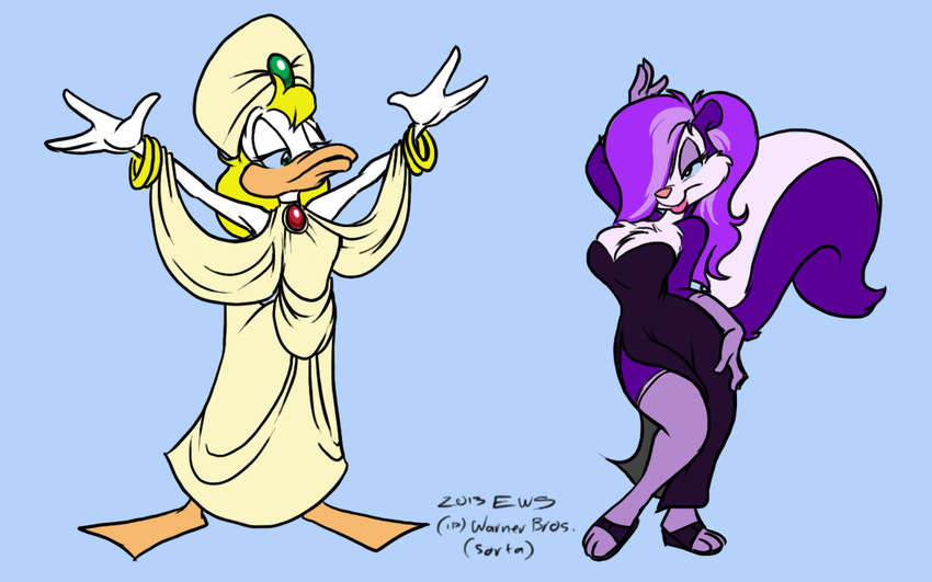 anthro avian big_breasts bird breasts cleavage clothed clothing dress duck eric_schwartz female fifi_la_fume mammal shirley_the_loon skunk tiny_toon_adventures tiny_toons warner_brothers