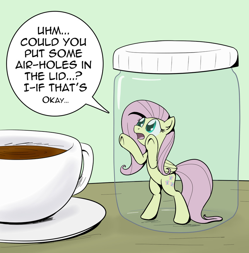 cup cutie_mark dialog drink english_text equine female feral fluttershy_(mlp) friendship_is_magic fur glass_jar hair horse inside jar long_hair mammal micro my_little_pony pegasus pink_hair pony solo text whatsapokemon wings yellow_fur