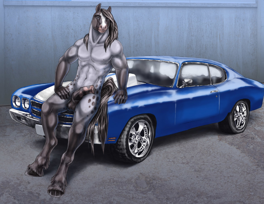 abs animal_genitalia anthro automobile balls biceps big_penis black_fur black_hair blue_eyes car chevelle chevrolet equine erection flared_penis fur grey_fur grin hair half-erect hooves horse horsecock looking_at_viewer male mammal muscles nipples nude pecs penis pinup pose presenting sabretoothed_ermine smile solo standing toned vehicle vein