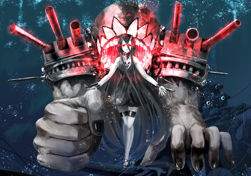 battleship-symbiotic_hime black_hair bubbles horns kantai_collection kouji_(astral_reverie) red_eyes underwater