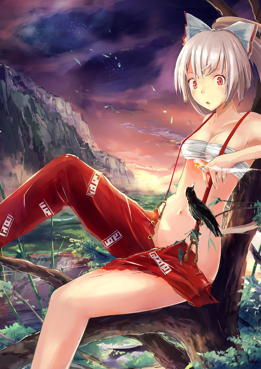 bad_id bad_pixiv_id bandages bare_shoulders bird bow breasts cigarette cleavage collarbone crow forest fujiwara_no_mokou hair_bow hair_ribbon highres in_tree looking_at_viewer medium_breasts mountain nature navel no_shirt open_mouth pants red_eyes ribbon sarashi short_hair silver_hair sitting sitting_in_tree solo suspenders tetsurou_(fe+) torn_clothes torn_pants touhou tree upper_body