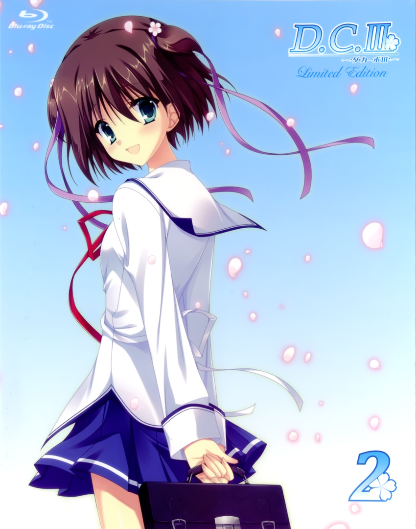 :d bag blu-ray_cover blue_background blue_eyes blush brown_hair cherry_blossoms copyright_name cover da_capo da_capo_iii from_behind gradient gradient_background highres katsuragi_himeno looking_at_viewer open_mouth petals sailor_collar scan school_uniform serafuku simple_background smile tanihara_natsuki tareme v_arms wind