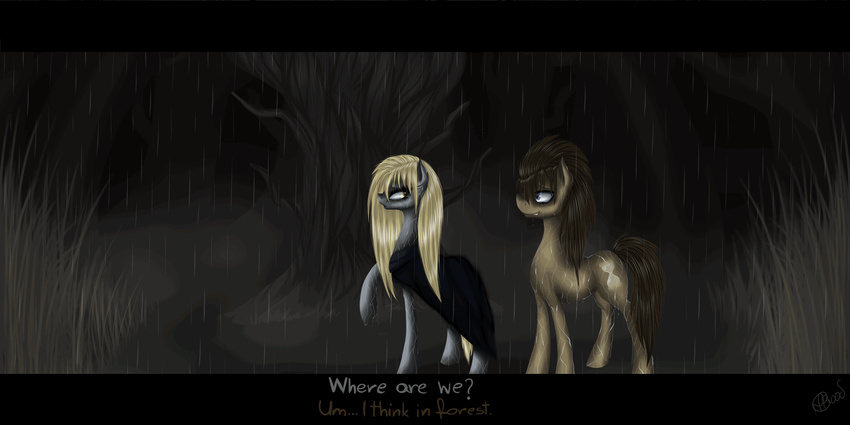 animated blonde_hair blue_eyes brown_fur brown_hair cape cutie_mark derpy_hooves_(mlp) doctor_whooves_(mlp) english_text equine female feral forest friendship_is_magic fur grass grey_fur hair horse long_hair looking_back male mammal mblood my_little_pony open_mouth outside pegasus pony rain smile text tree water wet wings yellow_eyes