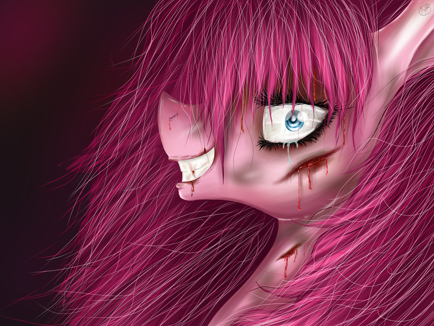 blood bloodshot_eyes blue_eyes crying equine eyelashes female feral friendship_is_magic fur hair horse long_hair looking_at_viewer mammal mblood my_little_pony open_mouth pink_fur pink_hair pinkamena_(mlp) pinkie_pie_(mlp) pony portrait signature smile solo tears teeth