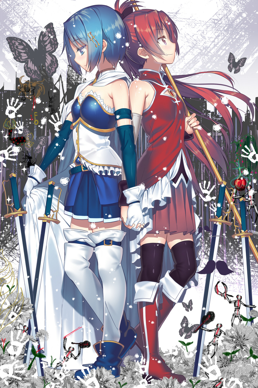 back-to-back bare_shoulders boots bug butterfly cape gloves hair_ornament hairclip hand_print highres holding_hands hullabaloo insect interlocked_fingers light_smile magical_girl mahou_shoujo_madoka_magica mahou_shoujo_madoka_magica_movie md5_mismatch miki_sayaka multiple_girls sakura_kyouko skirt soul_gem sword weapon