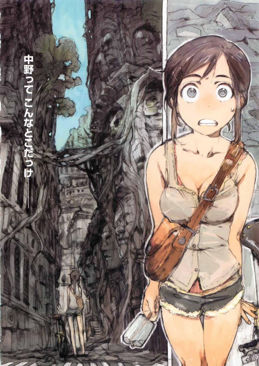 architecture bad_id bad_tumblr_id bag bicycle blue_eyes bra_strap breasts brown_hair character_request city cleavage collarbone cutoffs food ground_vehicle hair_ornament hairclip highres medium_breasts overgrown popsicle satchel shocked_eyes short_shorts shorts solo sweatdrop thigh_gap toi8 translated wakusei_sanpo