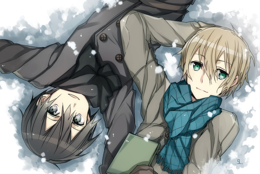 black_eyes black_hair blonde_hair coat eugeo green_eyes jianmo_sl kirito male_focus multiple_boys scarf sword_art_online winter_clothes