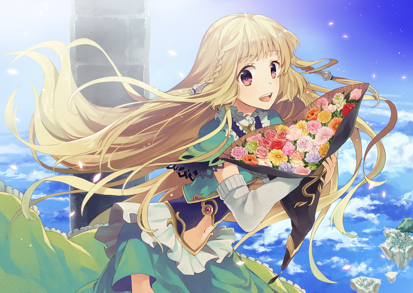 bad_id bad_pixiv_id blonde_hair bouquet cloud day flower konatsu_hare long_hair looking_at_viewer original red_eyes sky smile solo