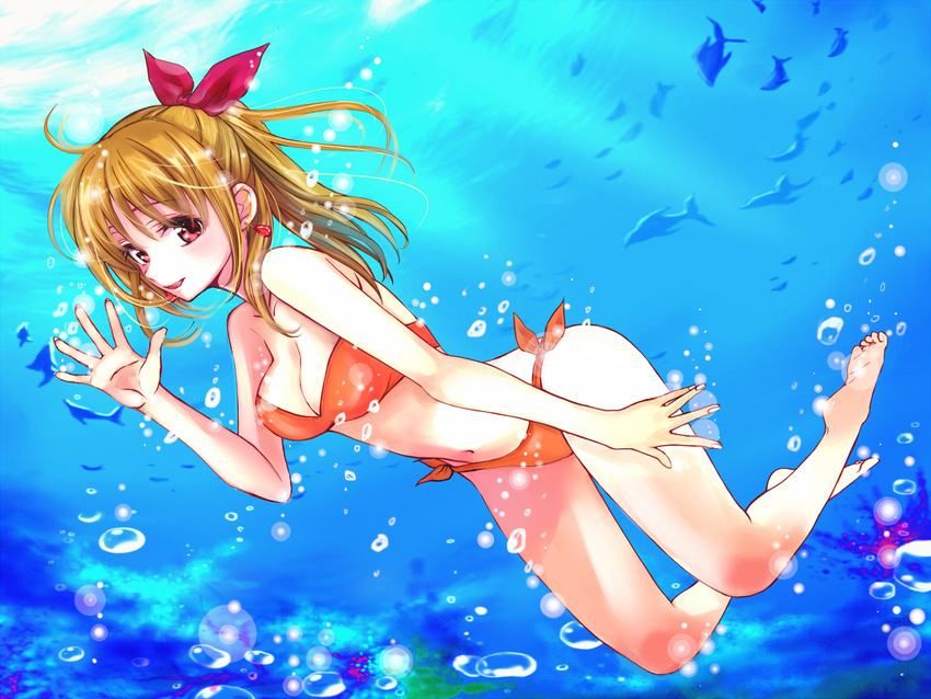 animal bikini blonde_hair bow bubbles kiyume long_hair marin ponytail red_eyes short_hair swimsuit umi_monogatari water