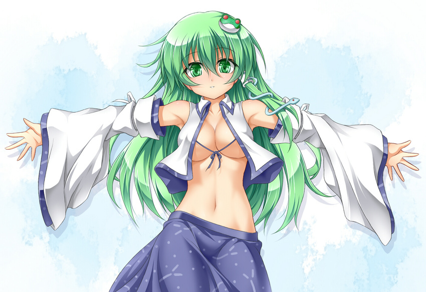 bikini_top blush breasts detached_sleeves frog frog_hair_ornament green_eyes green_hair hair_ornament japanese_clothes kochiya_sanae large_breasts long_hair looking_at_viewer navel no_bra open_clothes open_shirt outstretched_arms roura shirt skirt smile snake snake_hair_ornament solo spread_arms touhou