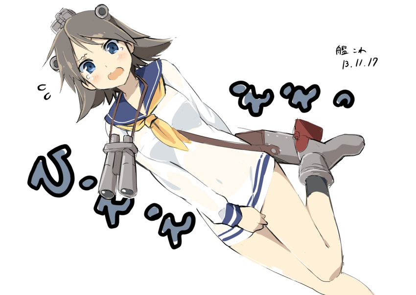 adjusting_clothes alternate_costume binoculars blue_eyes brown_hair cosplay covering covering_crotch crying crying_with_eyes_open dress hiei_(kantai_collection) kantai_collection looking_at_viewer open_mouth sailor_dress short_hair solo tears translated wara_(warapro) yukikaze_(kantai_collection) yukikaze_(kantai_collection)_(cosplay)